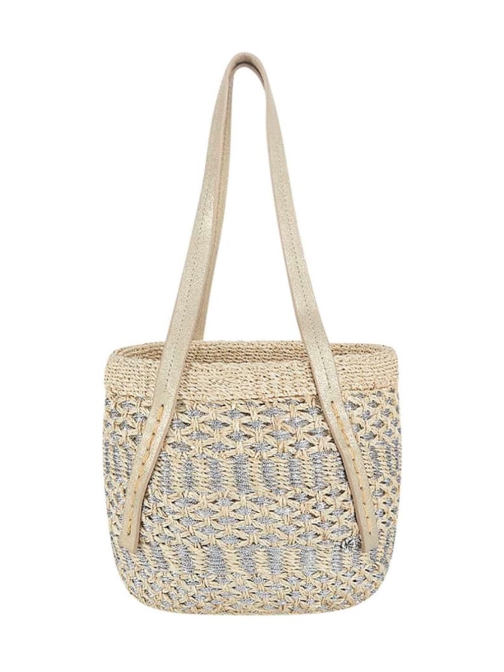 Neutral Woven Tote Bag with Light Blue Accents